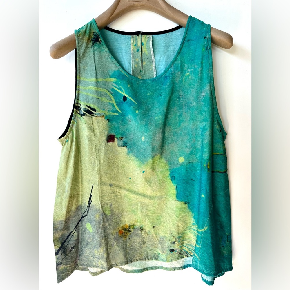 3 Potato Abstract Teal and Yellow Women's Top with Pockets, sleeveless, S-M